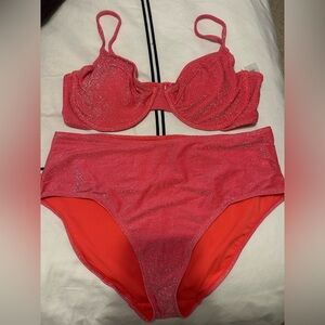Good American Sparkly Coral Two Piece Bathing Suit